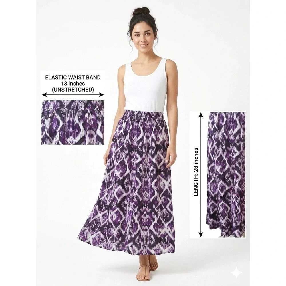 Laura Scott Purple Ikat Diamond Geometric Maxi Midi‎ Skirt Elastic Waist Sz S